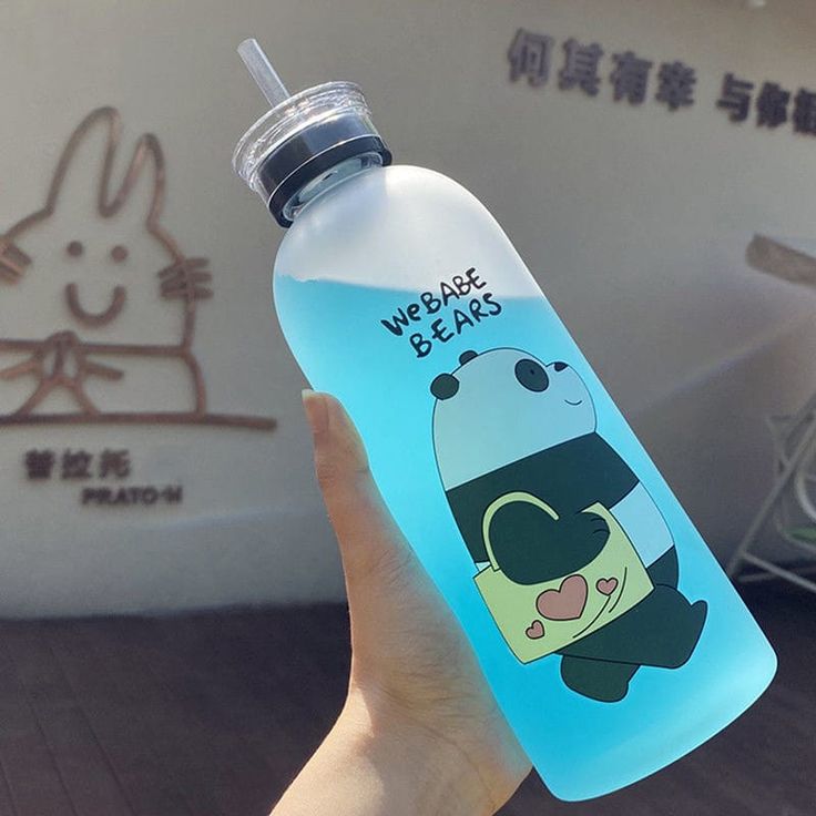 We Babe Bears Panda Water Bottle 1000ml – Cute Cartoon Design with Straw & Two Caps Leakproof Portable Kids & Girls Sipper Bottle.