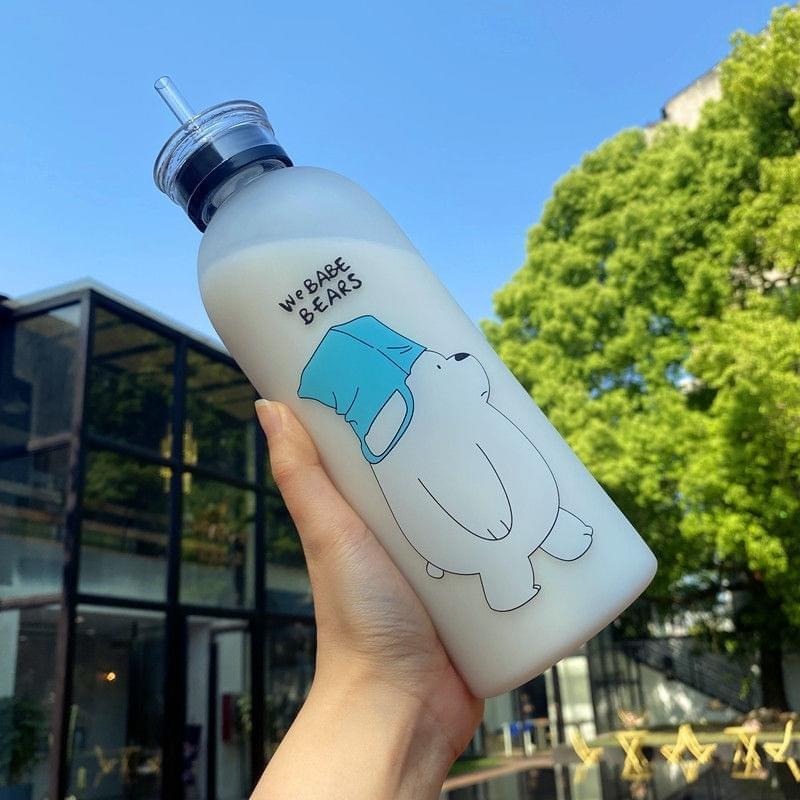 We Babe Bears Panda Water Bottle 1000ml – Cute Cartoon Design with Straw & Two Caps Leakproof Portable Kids & Girls Sipper Bottle.