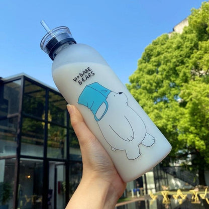 We Babe Bears Panda Water Bottle 1000ml – Cute Cartoon Design with Straw & Two Caps Leakproof Portable Kids & Girls Sipper Bottle.