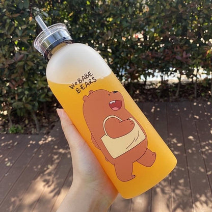 We Babe Bears Panda Water Bottle 1000ml – Cute Cartoon Design with Straw & Two Caps Leakproof Portable Kids & Girls Sipper Bottle.