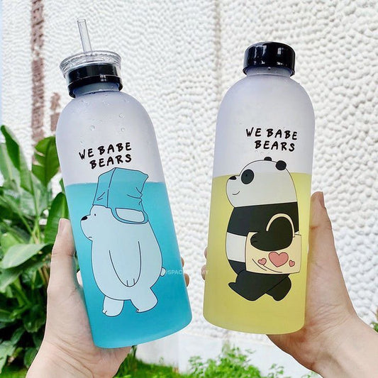 We Babe Bears Panda Water Bottle 1000ml – Cute Cartoon Design with Straw & Two Caps Leakproof Portable Kids & Girls Sipper Bottle.