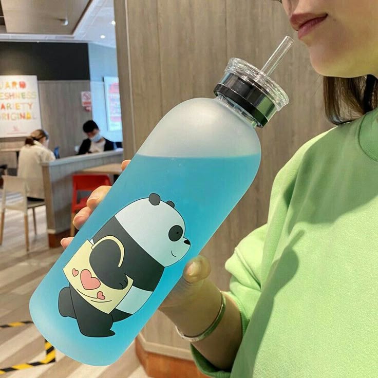 We Babe Bears Panda Water Bottle 1000ml – Cute Cartoon Design with Straw & Two Caps Leakproof Portable Kids & Girls Sipper Bottle.